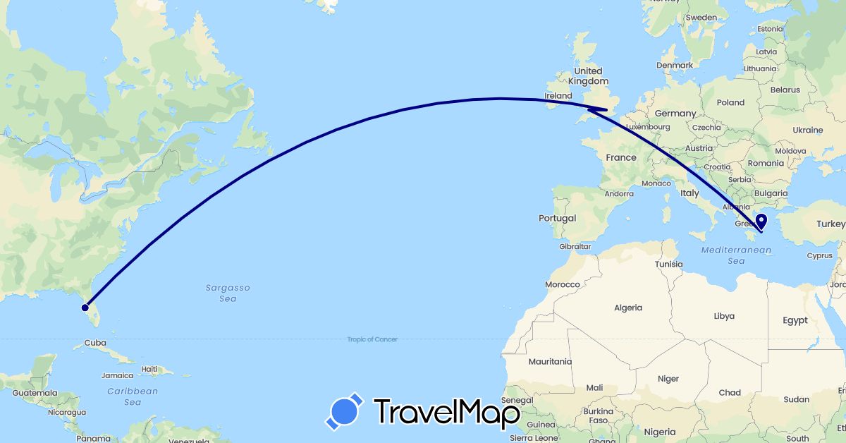 TravelMap itinerary: driving in United Kingdom, Greece, United States (Europe, North America)