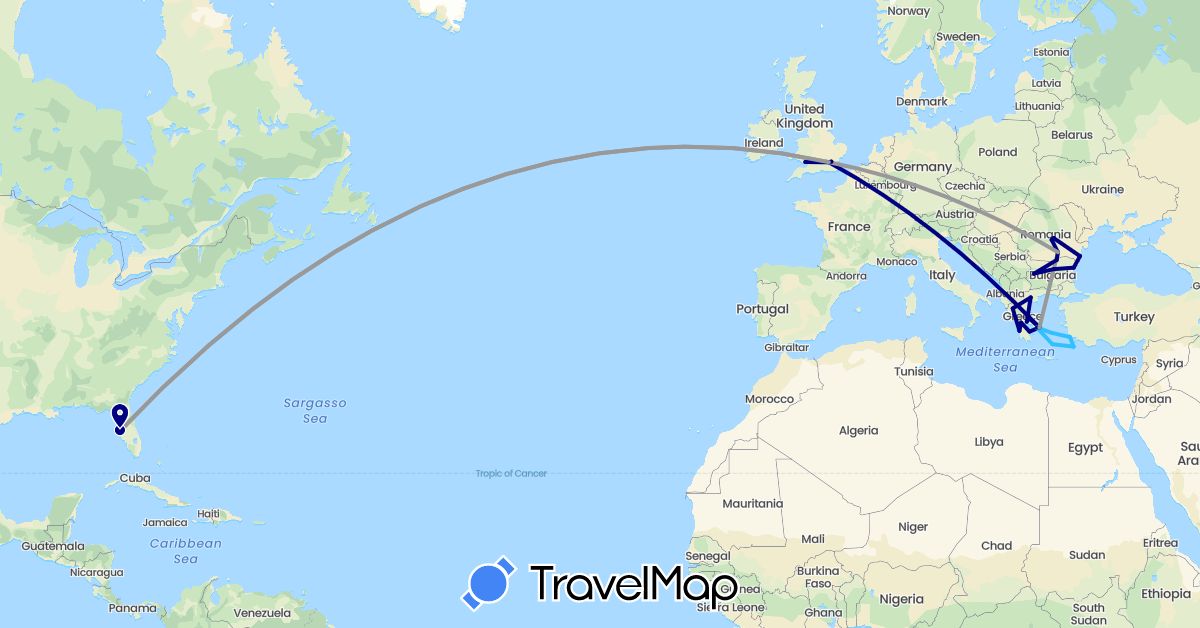 TravelMap itinerary: driving, plane, boat in Bulgaria, United Kingdom, Greece, Romania, Turkey, United States (Asia, Europe, North America)